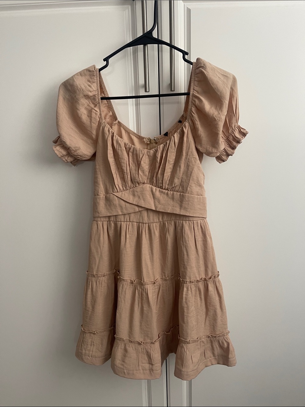 Neutral Blush/tan puff-Sleeve Tiered Mini Dress